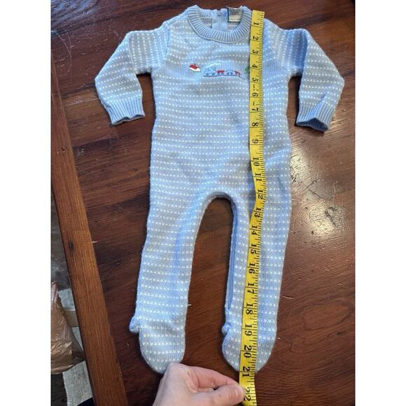 Vintage Baby Boy Blue Sweater Footed Romper Embroidered Train 0-3 Months - Picture 3 of 9
